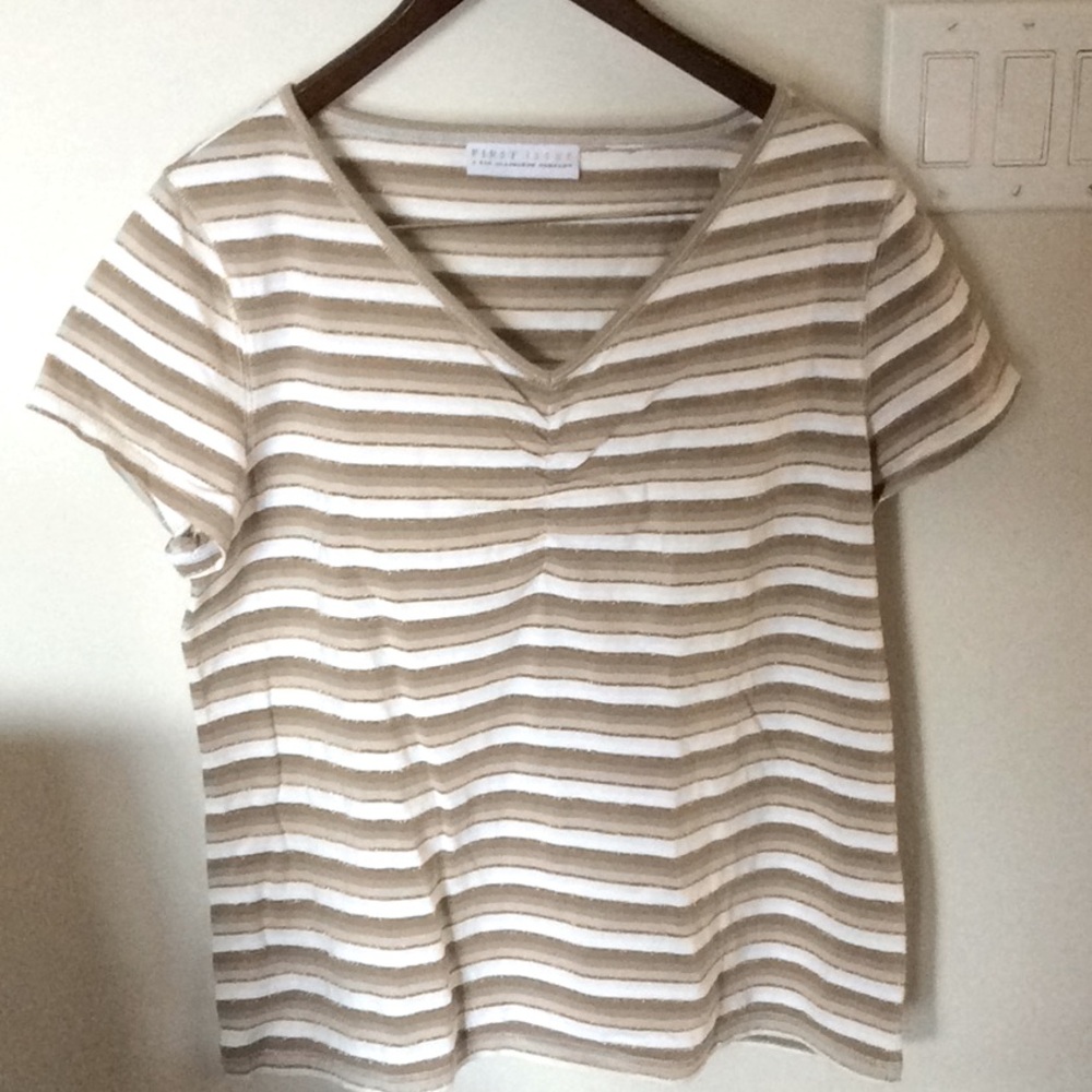 LIZ & CO. BEIGE/ WHITE STRIPED TEE